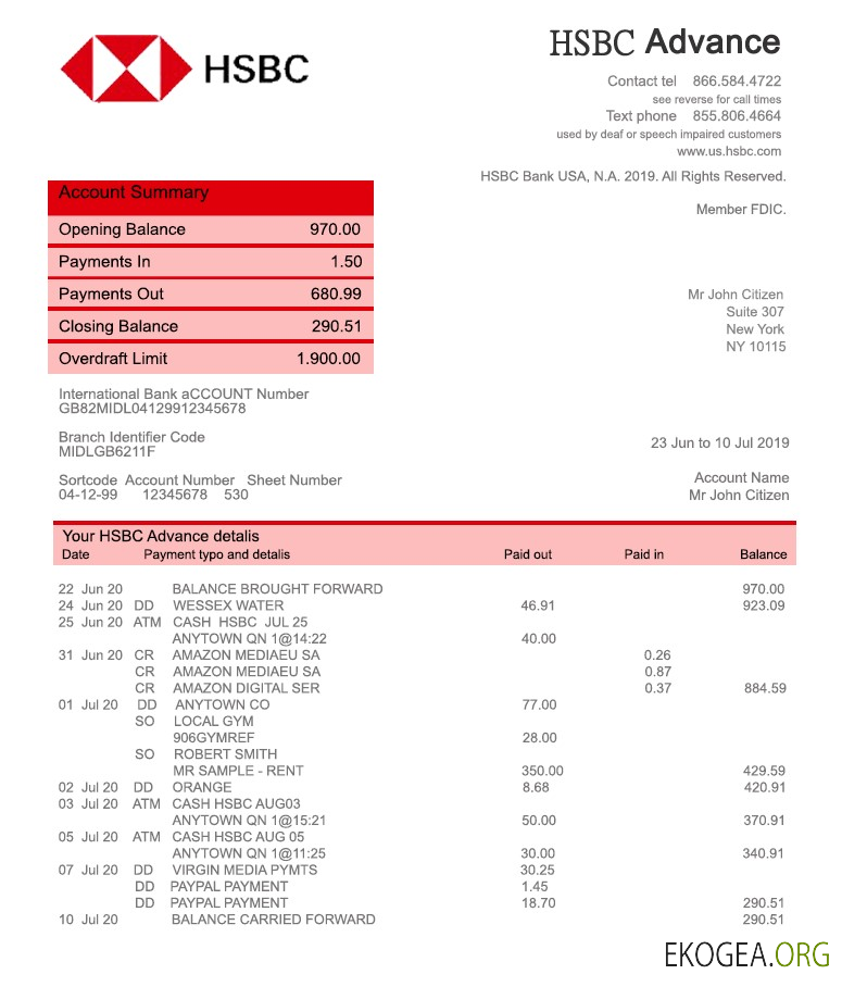 Modèle de relevé bancaire USA HSBC, entièrement modifiable au format PSD